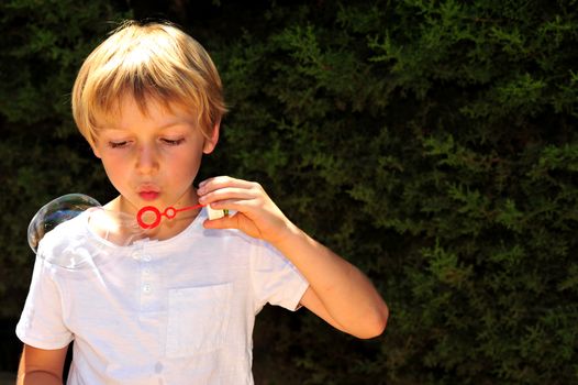 Young boy playing with bubbles in the garden