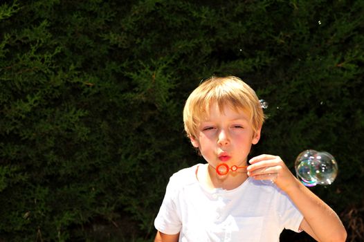 Young boy playing with bubbles in the garden