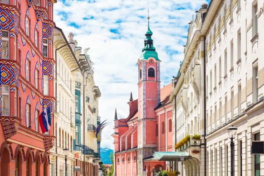 Franciscan Church of the Annunciation and famous Wiener Sezession facades, architecture by Ivan Vurnik on Miklosic street in Ljubljana, capital of Slovenia, Europe.