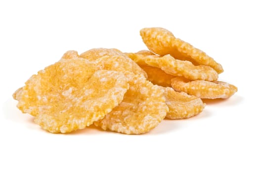 Crunchy, sweet corn flakes on a white background
