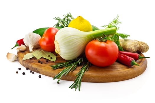 set of vegetables
Vegetables on a white background
garlic, fennel, rosemary, tomatoes, pepper, ginger on a cutting board