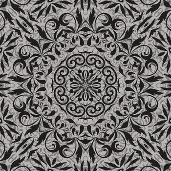 Seamless abstract floral pattern, black contours on grey background. Vecto