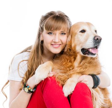 smiling cute girl and red retriever isolated on a white background