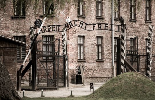 Arbeit macht frei sign (Work liberates) in concentration camp Auschwitz, Poland