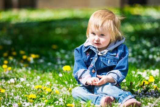 Smiling baby in field of flowers