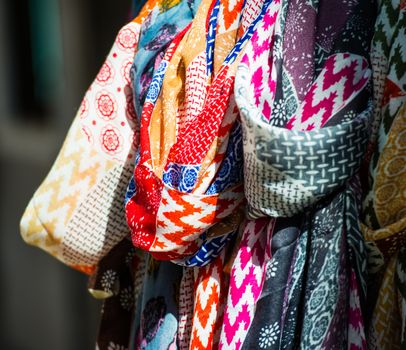 colorful textile are sold in the bazaar