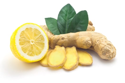 Ginger, green leaves and half a lemon