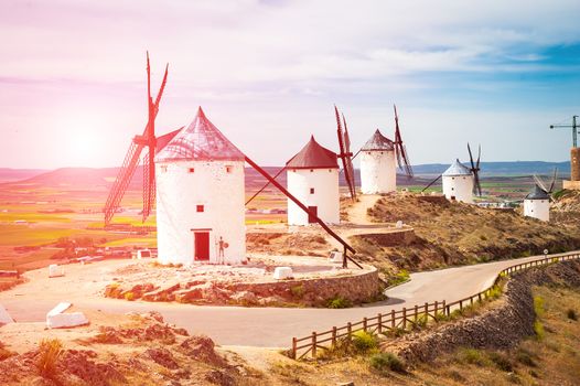 traditional windmills and castle in Consuegra, Toledo, Spain