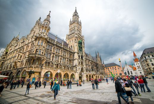 MUNICH, GERMANY - MAY 13: Marienplatz in Munich on may 13, 2014. It has been the city's main square since 1158. Munich is the biggest city of Bavaria with almost 100 million visitors a year.