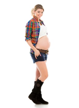 Beautiful pregnant white woman wearing shirt isolated in studio