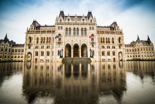 Hungarian Parliament building with reflection in Budapest, Hungary