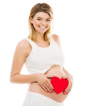 Pregnant woman with red heart on belly isolated on a white backgroung