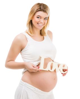 Close up of a cute pregnant woman with word love