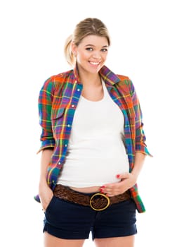 Beautiful pregnant white woman wearing shirt isolated on a white background