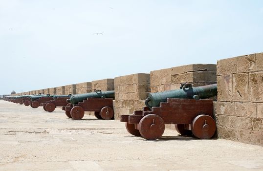 Row of portuguese cannons in Essaouira, Morocco