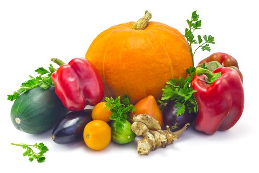 pumpkin, zucchini, cucumber, eggplant, parsley, Jerusalem artichoke,  and a sweet pepper isolated on white background