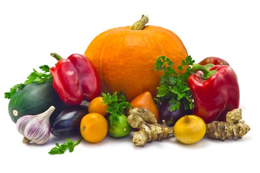 pumpkin, zucchini, cucumber, eggplant, parsley, Jerusalem artichoke, onions, garlic  and a sweet pepper isolated on white background