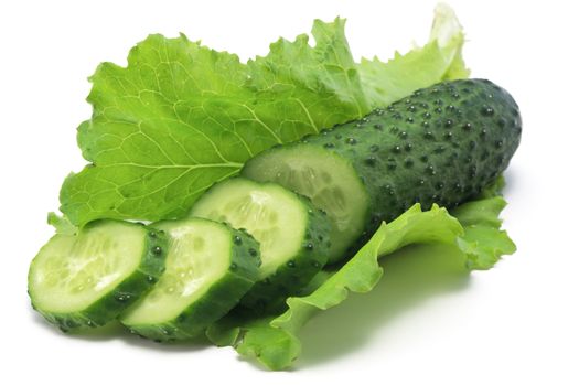 Juicy, fresh and very fragrant young cucumbers with lettuce