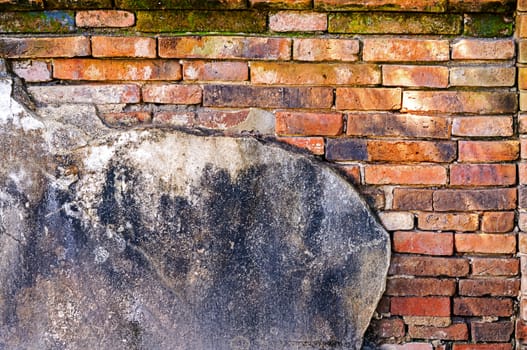 Cracked cement wall see to brick in side a background