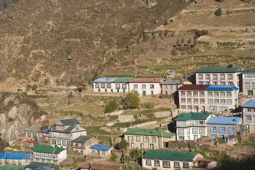 Tibetan style houses in the village of Namche Bazar at an altitude of 3440M in the Nepalese Himalayas. A major staging post for trekking to Everest Base Camp.