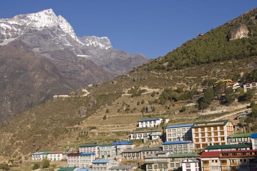 Village of Namche Bazar at an altitude of 3440M in the Nepalese Himalayas is a major staging post for those trekking to Everest Base Camp and beyond.