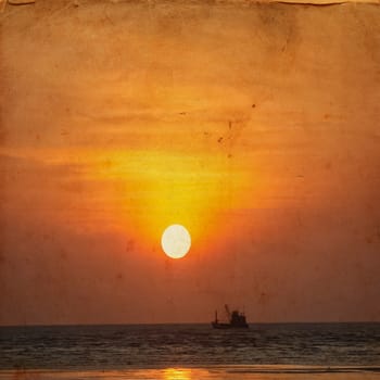 Vintage style, Sunrise with fisherman boat on grunge paper background