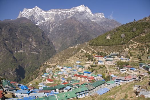 Village of Namche Bazar at an altitude of 3440M in the Nepalese Himalayas is a major staging post for those trekking to Everest Base Camp and beyond.