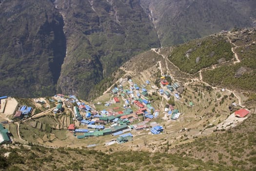 Village of Namche Bazar at an altitude of 3440M in the Nepalese Himalayas is a major staging post for those trekking to Everest Base Camp and beyond.