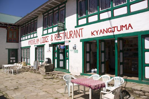 Traditional Tea House opposite the Mountain of Ama Dablam and on the trekking route to Everest Base Camp in the Himalaya Mountains of Nepal