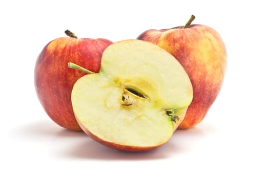 big, ripe, sweet, juicy red and yellow apples and half of apple