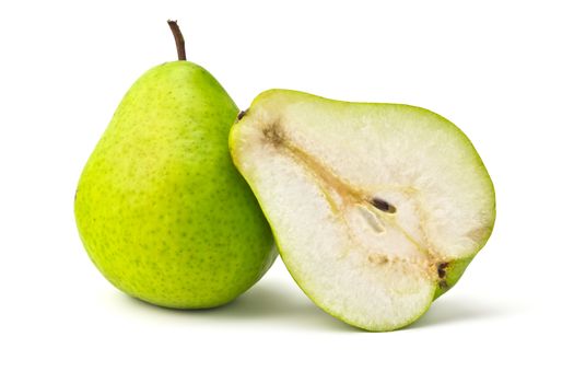 one green pear and half part on white background