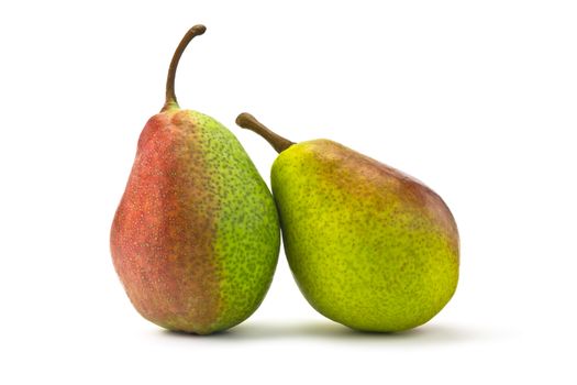 Two red and green pears on a white background