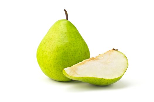 one green pear and half part on white background