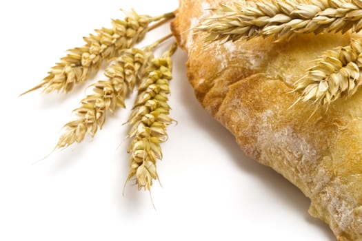 crispy pita bread and spikelets wheat on a white background