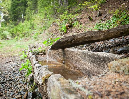 Water flowing from old wooden fountain spring at the Pontic Mountains in Northern Turkey