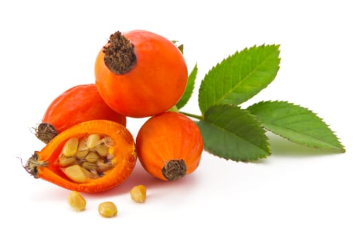 eglantine with half of fruit and seeds isolated on white background