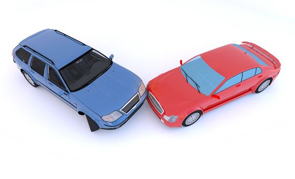 3d cars in an accident on white backgrpund