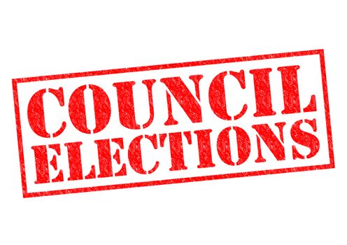 COUNCIL ELECTIONS red Rubber Stamp over a white background.