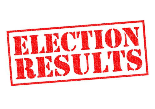 ELECTION RESULTS red Rubber Stamp over a white background.