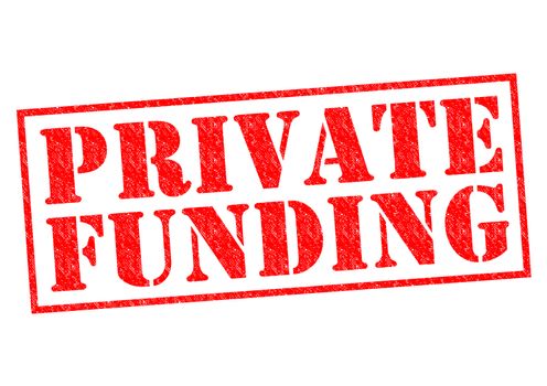 PRIVATE FUNDING red rubber Stamp over a white background.