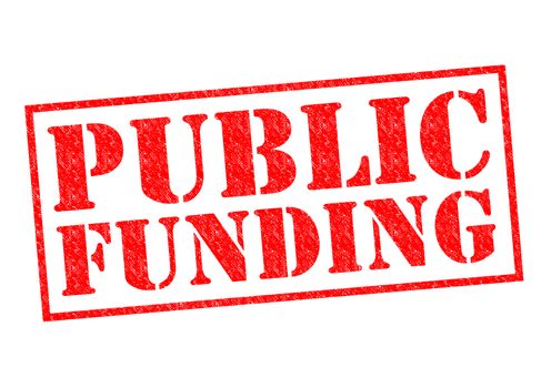PUBLIC FUNDING red Rubber Stamp over a white background.