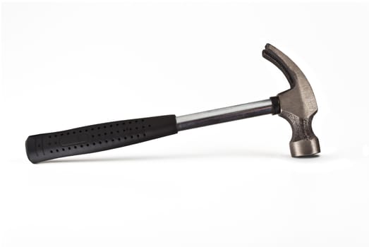 metallic hammer with rubber handle on a white background