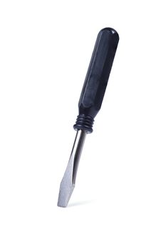 Flat screwdriver with black handle on a white background