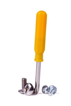 Phillips screwdriver with a yellow handle, screws and bolts on a white background