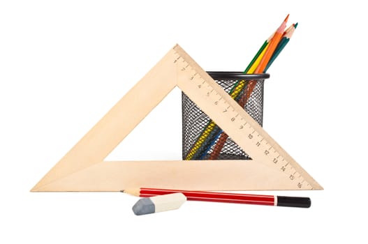 triangle, a basket for pencils, erasers, colored pencils on white background