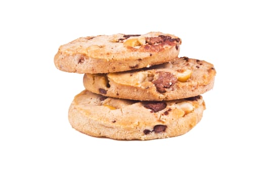 three round shortbread cookies with nuts and chocolate on a white background