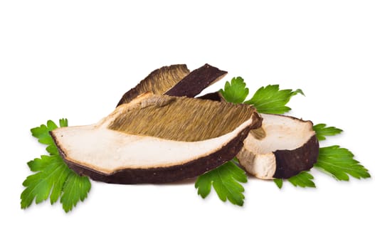 Dried slices of porcini mushrooms on a white background