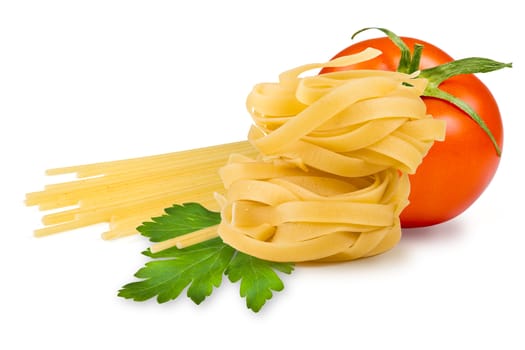 egg noodles, pasta, tomato, slice tomatoes and fresh parsley leaf on a white background