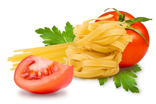 egg noodles, pasta, tomato, slice tomatoes and fresh parsley leaf on a white background