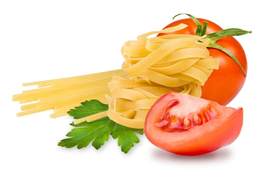 egg noodles, pasta, tomato, slice tomatoes and fresh parsley leaf on a white background